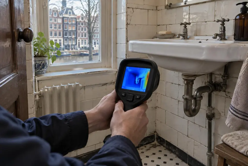 Lekdetectie Uitgeest – badkamer met oude leidingen achter de tegels