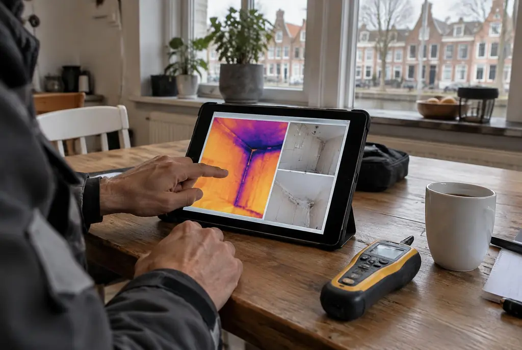 Lekdetectie Uitgeest – lekdetectierapport met warmtebeelden en foto's op een tablet