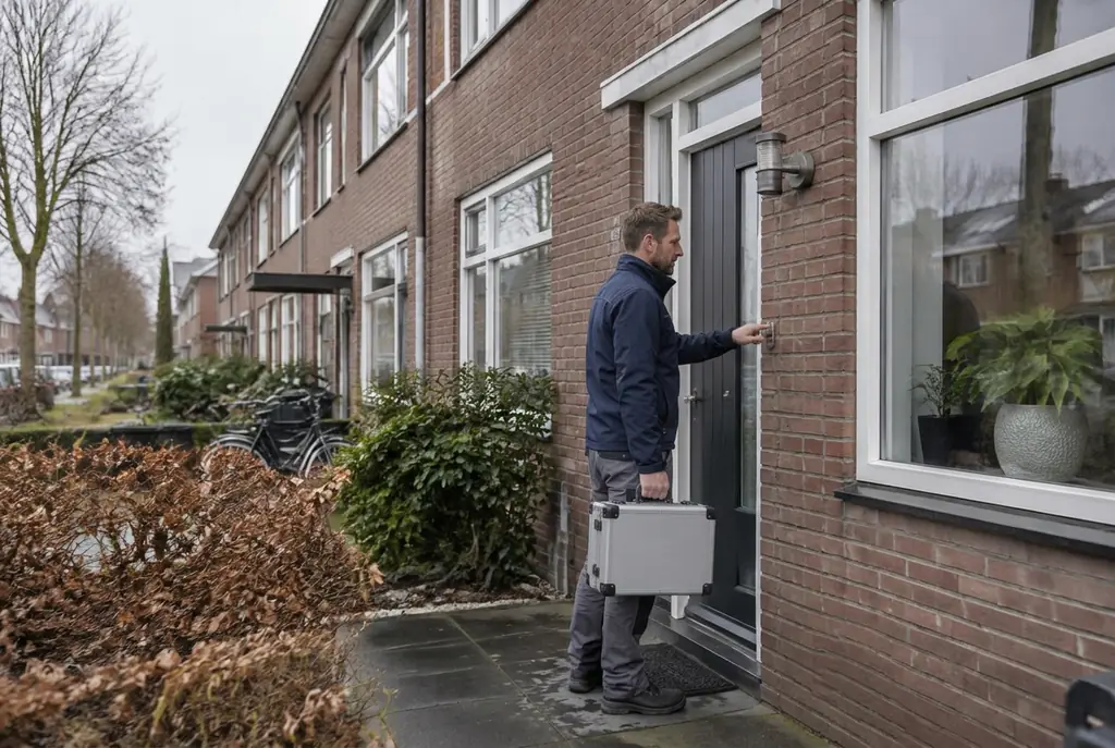 Lekdetectiespecialist met meetkoffer bij de voordeur van een woning in Uitgeest